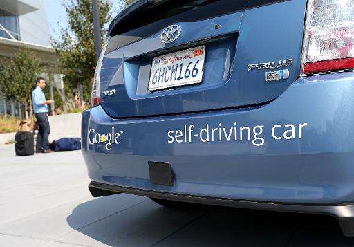 A Google self-driving car is displayed at the Google headquarters on September 25, 2012 in Mountain View, California