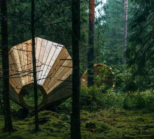 A group of design students in Estonia have strategically placed three massive loudspeakers in the heart of a remote woodland in 