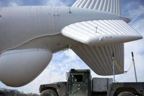 A Humvee with a makeshift slingshot used to remove snow and ice from an aerostat is seen at the Aberdeen Proving Ground in Maryl