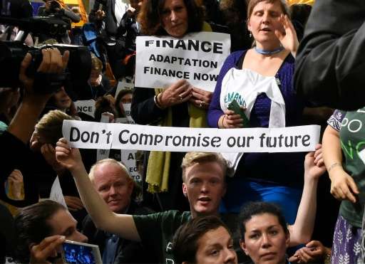 An activist holds a banner reading &quot;Don't compromise our future&quot; during the UN conference on climate change COP21 in L
