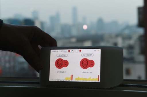 An Airvisual air quality monitor in Beijing, produced by a social enterprise developing technology for a global pollution monito