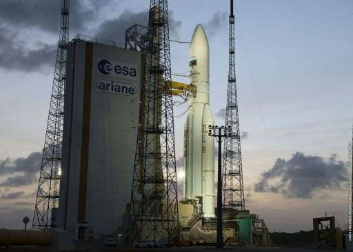 An Ariane 5 rocket carrying two satellites, Amazonas 3 and Azerspace/Africasat-1a, is on the launch pad on February 6, 2013 at t