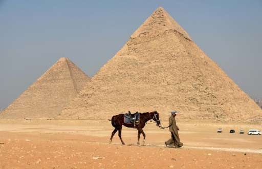 An Egyptian guide walks leading a horse at the Giza pyramids on the southern outskirts of Cairo, on September 27, 2015