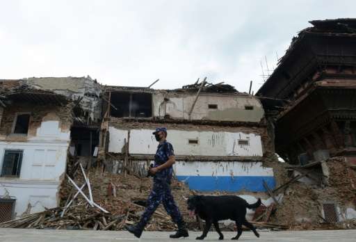 A Nepalese police officer walks with a sniffer dog in Durbar Square ahead of the International Conference on Nepal Reconstructio