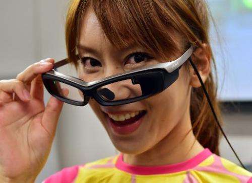 A prototype model of the SmartEyeglass, produced by Sony, at the company's headquarters in Tokyo on September 19, 2014