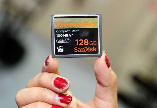 A SanDisk 128 GB Extreme Pro compact flash card is displayed at the 2011 International Consumer Electronics Show in Las Vegas, N