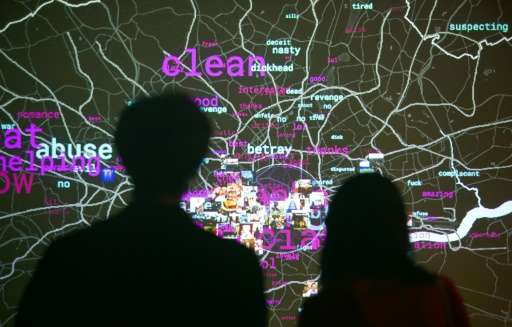 A social media map of London, made up of live social media feeds, in the London Situation Room at the Big Bang Data exhibition i