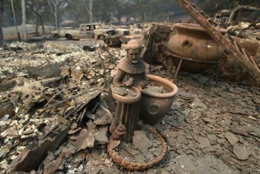A statue is seen amidst rubble from a burned home during the Valley fire in Middletown, California on September 13, 2015
