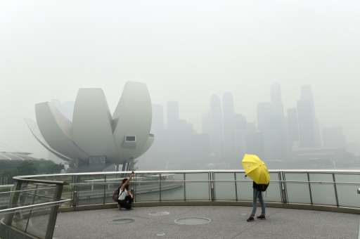A tourist (left) takes a &quot;selfie&quot; on a bridge overlooking the Singapore skyline choked with smog on September 29, 2015