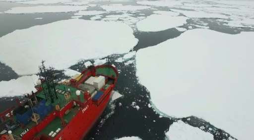 Australian Antarctic Division ice-breaker, the Aurora Australis, as seen from from a quadcopter drone on December 23, 2015