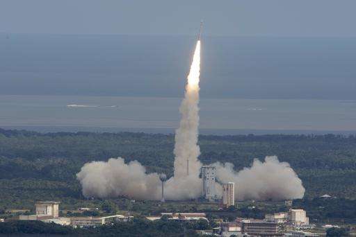 A Vega rocket is seen lifting off from the European Space Agency's base in Kourou, French Guiana, in February 2015