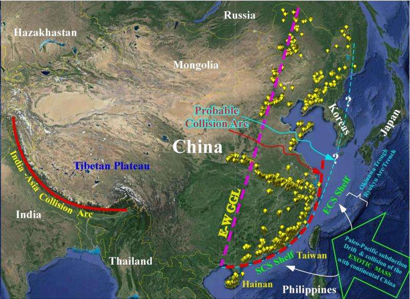 Chinese continental shelf of exotic origin collided with continental China 100 million years ago