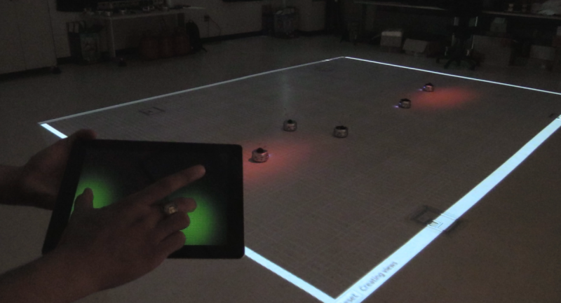 Controlling swarms of robots with light and a single finger