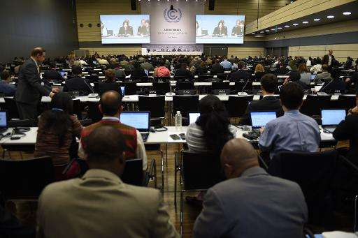 Delegates attend the United Nations Framework Convention on Climate Change (UNFCCC) in Bonn, western Germany on June 1, 2015