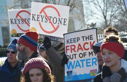 Demonstators protest outside the White House against the building of the proposed Keystone XL oil pipeline in January 2015 in Wa