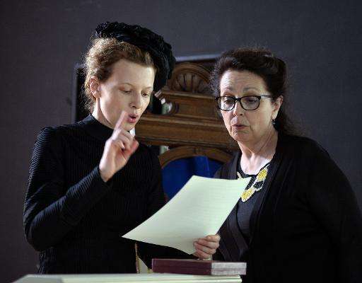 Director Marie Noelle (R) and actress Karolina Gruszka, who plays Maria Sklodowska-Curie, during the making of a biopic about th