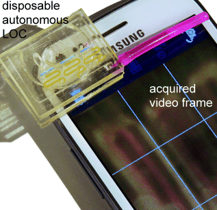 Disposable lab-on-a-chip chemical assay unit with cell phone camera readout