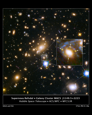 Distant supernova split 4 ways by gravitational lens