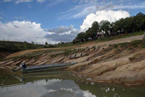 Dried banks due to the lack of rain at Funil Hydroelectric Plant reservoir, in Resende, Brazil, on February 3, 2015