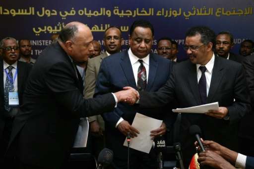 Egyptian FM Sameh Shoukri (L) shakes the hand of Ethiopian FM Tedros Adhanom (R) alongside Sudanese FM Ibrahim Ghandour after si
