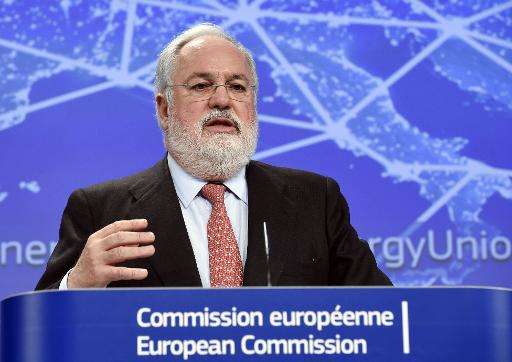 EU Commissioner of Climate Action and Energy Miguel Arias Canete gestures as he speaks at the EU Headquarters in Brussels on Feb