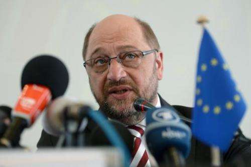 European Parliament President Martin Schulz answers questions at a press conference in Beijing on March 17, 2015