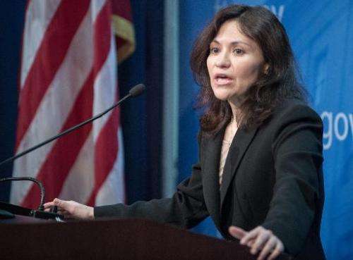 Federal Trade Commission Chairwoman Edith Ramirez conducts a press conference at FTC headquarters in Washington, DC on January 1