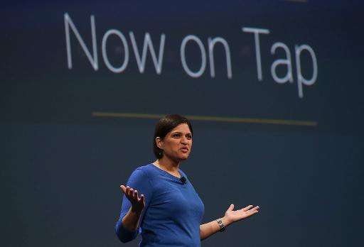 Google Now director Aparna Chennapragada announces 'Now On Tap&quot; during the 2015 Google I/O conference on May 28, 2015 in Sa