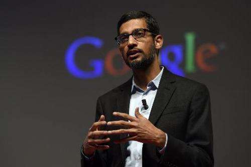 Google's Senior Vice President Sundar Pichai gives a keynote address during the opening day of the 2015 Mobile World Congress (M