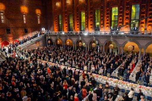 Guests attend the 2015 Nobel peace prize award banquet in Stockholm City Hall on December 10, 2015