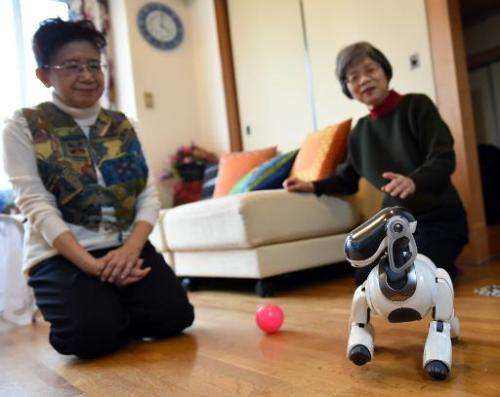 Hideko Mori (L) and her sister Yasuko watch their robot pet AIBO playing at Hideko's home in Tokyo