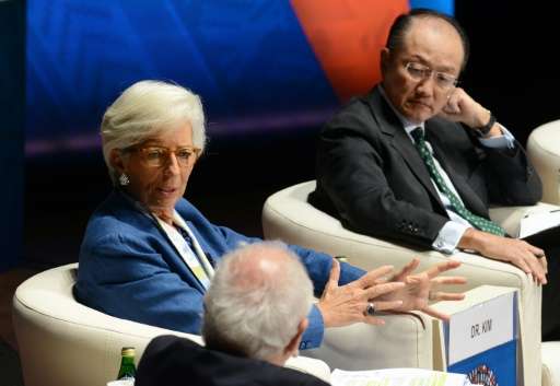IMF Managing Director Christine Lagarde (L) and World Bank President Jim Yong Kim (R) participate in a panel discussion on clima