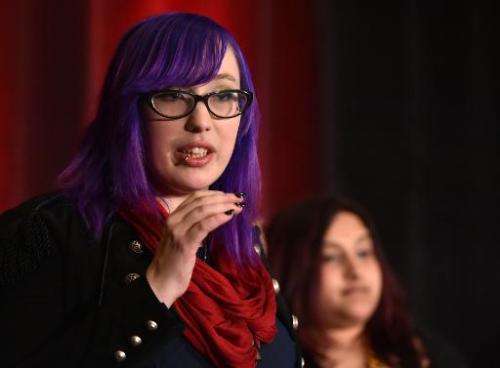 Independent game developer Zoe Quinn, speaking at the Game Developers Conference in San Francisco on March 4, 2015, is at the ce