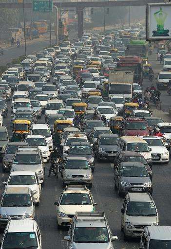 Indian motorists clog a highway in New Delhi in 2015