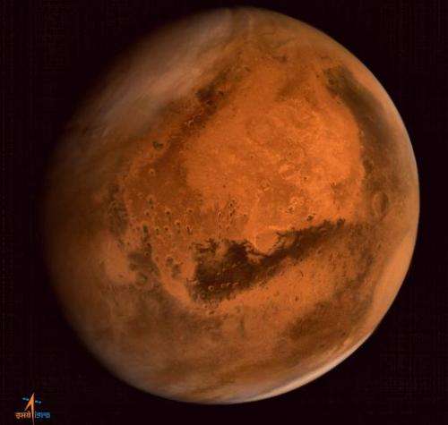 In this handout photograph received from the Indian Space Research Organisation (ISRO), Mars is seen in an image taken by the IS