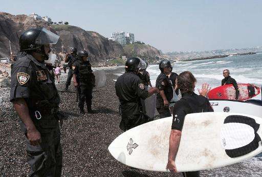 Lima authorities say the rocks it has placed on the beach are a temporary measure taken because of tidal wave warnings