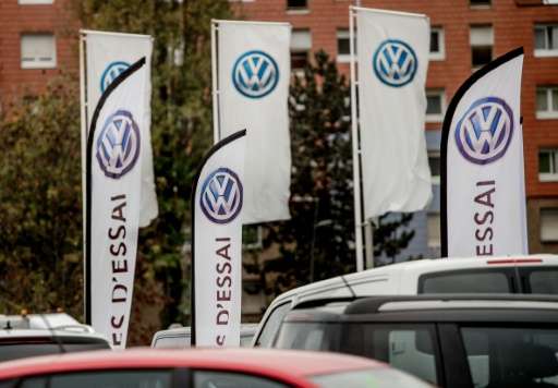 Logos of German car maker Volkswagen are pictured at a sales branch in Dunkerque (Dunkirk), northern France, on November 4, 2015