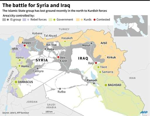 Map of Iraq and Syria, showing territory controlled by the Islamic State group and land in the hands of other forces