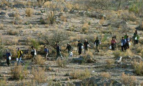 Mexican immigrants walk in line through the Arizona desert near Sasabe, Sonora state, in an attempt to illegally cross the Mexic