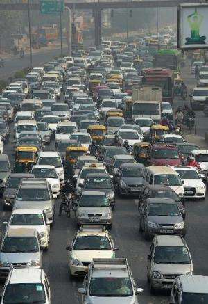 Motorists clog a highway in New Delhi, on February 18, 2015