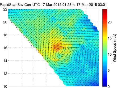 NASA's RapidScat sees waning winds of Tropical Depression Bavi
