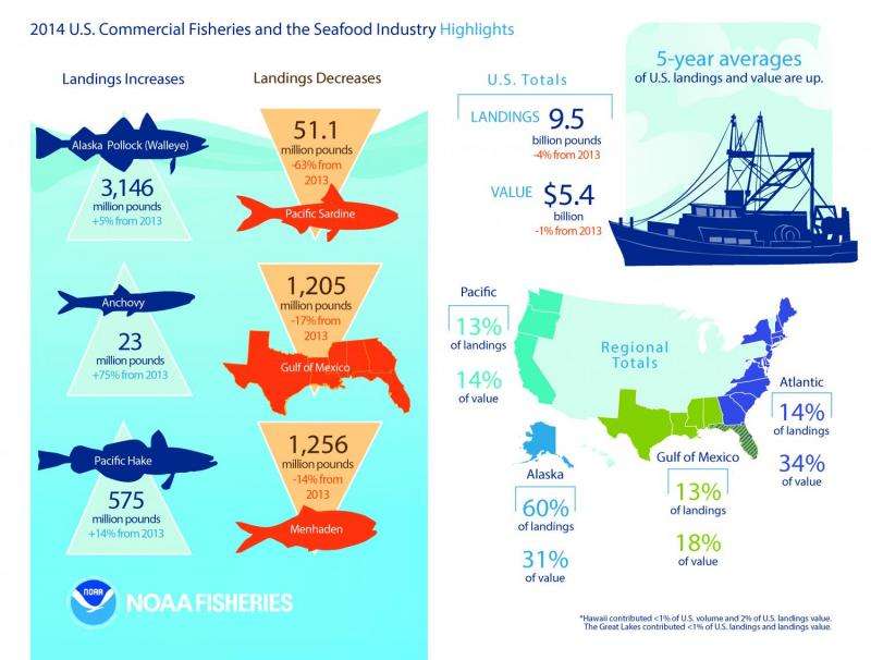 NOAA report finds the 2014 commercial catch of US seafood on par with 2013