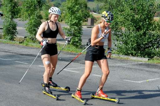 Norwegian athletes roller ski in Passy on July 23, 2015, before undergoing medical examinations for a research study, after havi