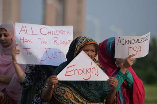 Pakistani rights activists stage a protest against a child sex abuse scandal in Islamabad on August 10, 2015