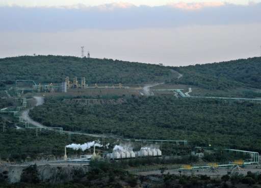 Part of the ol-Karia geothermal power generation complex is seen from a vantage point on the floor of the Kenyan Rift Valley, ne