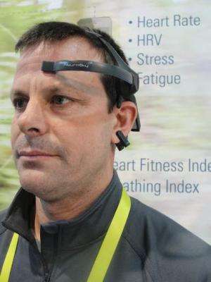 Pedro Vecchi of Neurosky models a brain wave sensing headset that can be used to optimize brain health, education, alertness and