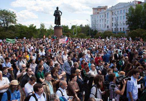 People take part in an anti-government demonstration called by Russian scientists in Moscow on June 6, 2015