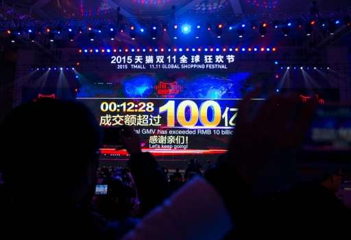 People take photos of a screen showing total gross merchandise volume, a measure of sales, exceeding 10 billion yuan at 00:12 am