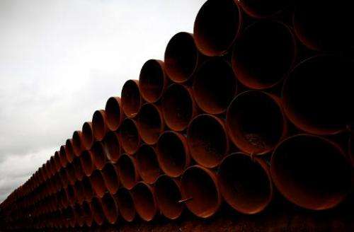 Pipes are stacked at the southern site of the Keystone XL pipeline on March 22, 2012 in Cushing, Oklahoma