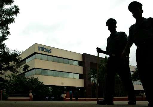 Private security guards are seen patrolling the Infosys campus in Bangalore